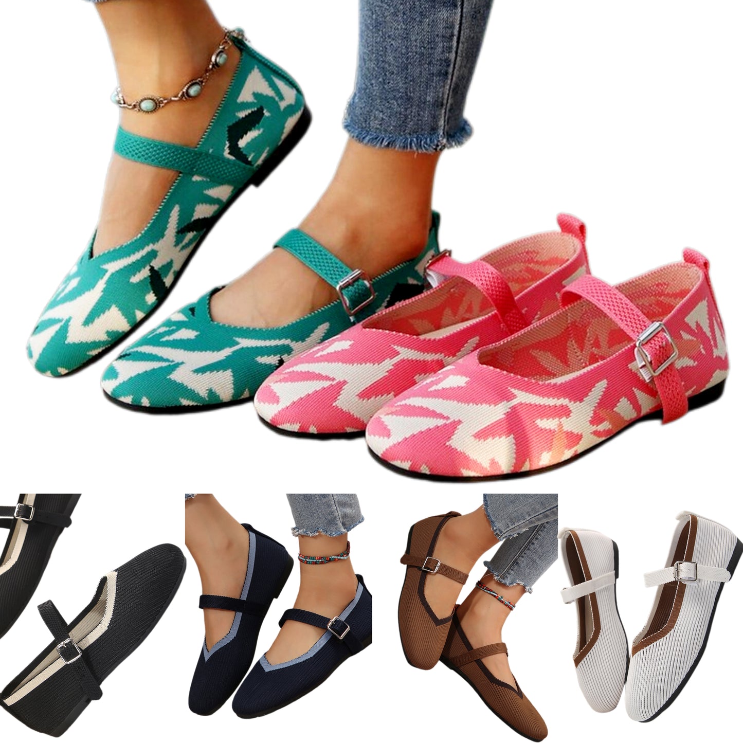 Mary Jane Flats Round Toe Mesh Slip-On Adjustable Buckle Color Contrast Shoes
