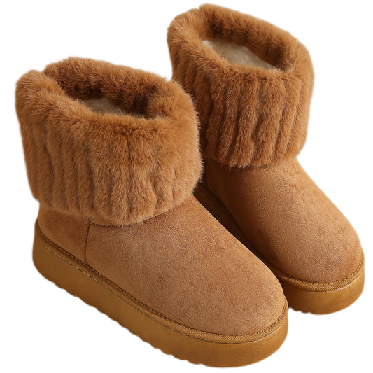 Faux Plush Fur Trim Platform Boots Suede Round Toe Fluff Lined Winter Slip-on Shoes