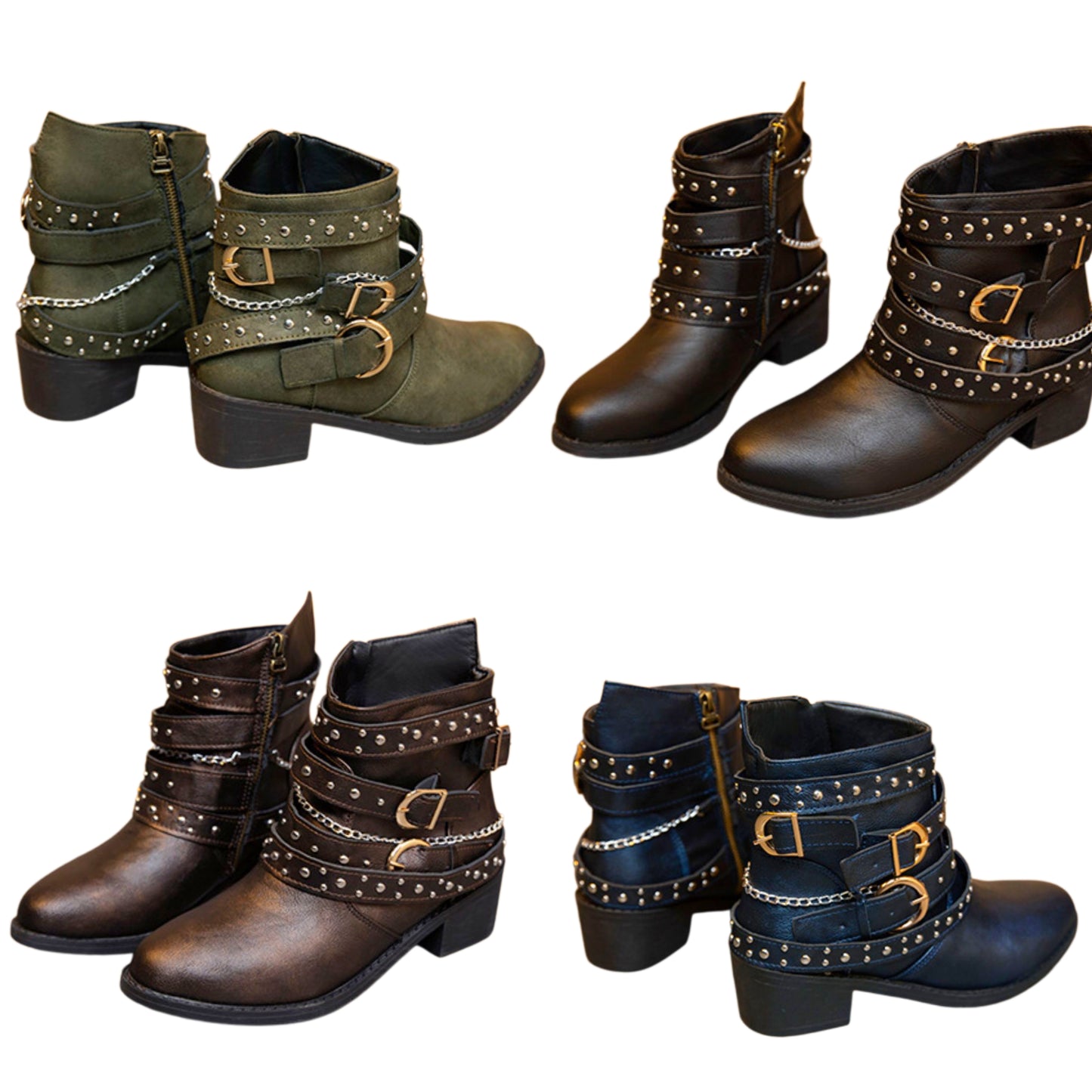 Studded Buckle Ankle Boots Vegan Leather Moto Strappy Urban Block Heel Shoes
