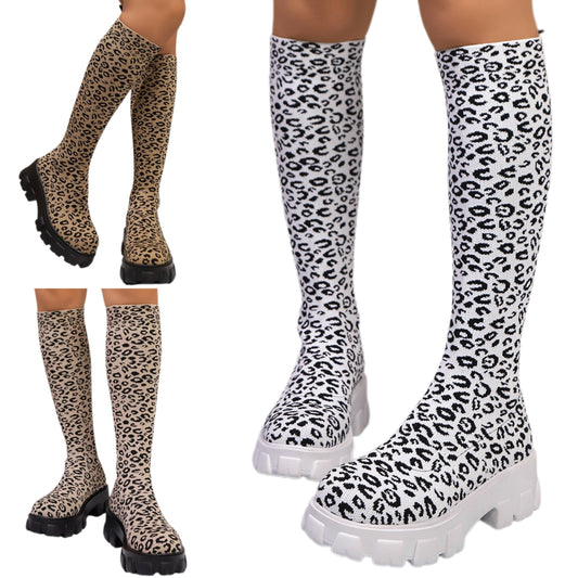 Leopard Chunky Platform Knee High Sock Boots Stretch Mesh Knit Block Heel Shoes