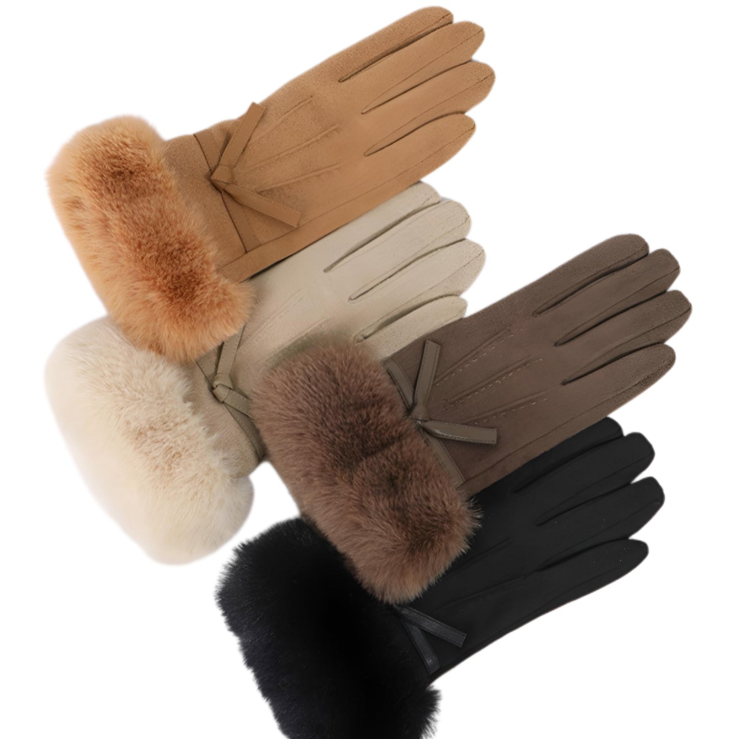 Bow Touch Screen Embroidered Faux Fur Cuff Suede Gloves Winter Accessory