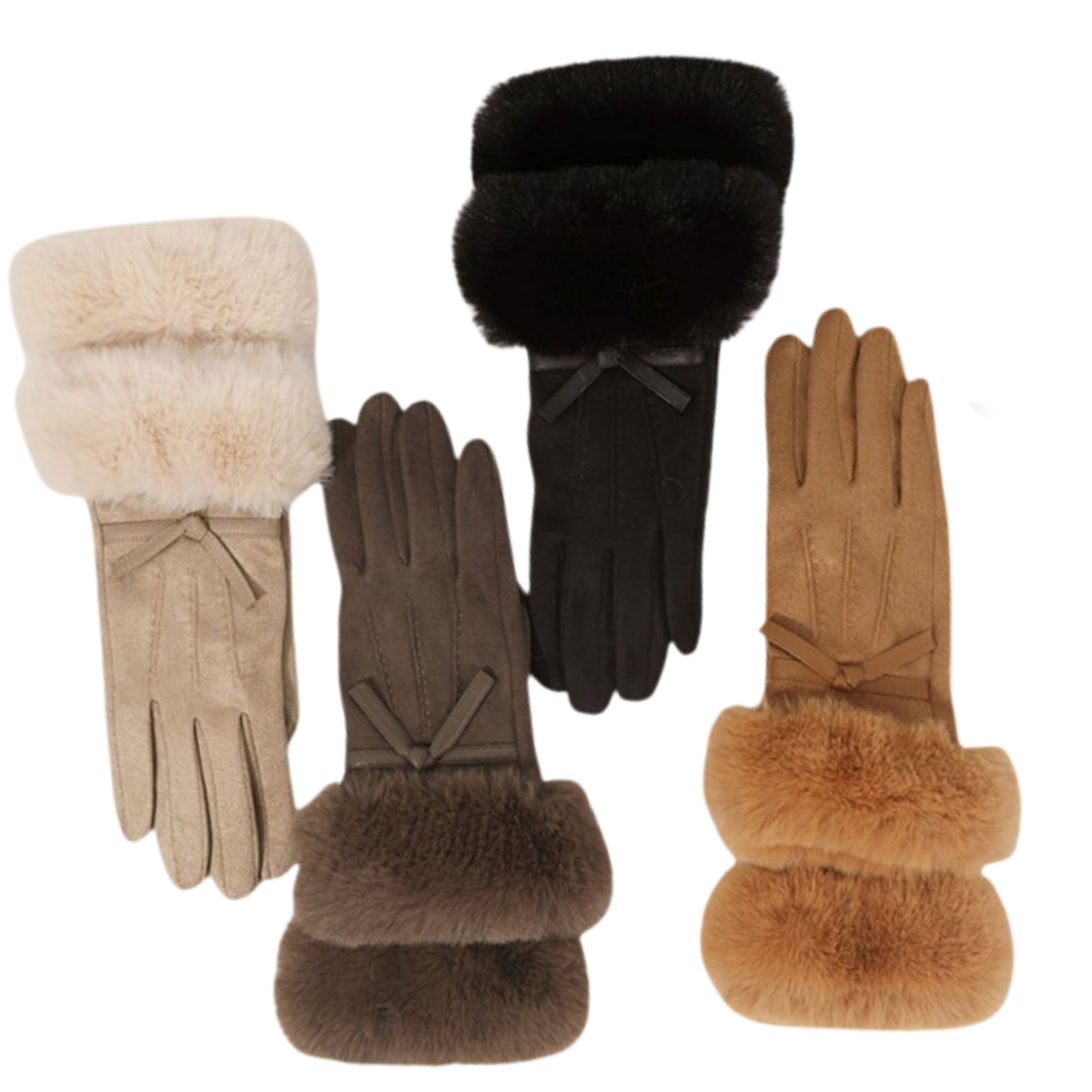 Bow Touch Screen Embroidered Faux Fur Cuff Suede Gloves Winter Accessory