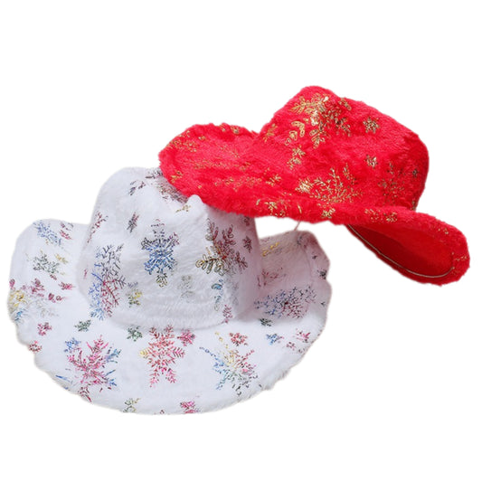 Fuzzy Metallic Snowflakes Cowboy Hat Western Winter Holiday Festive Cowgirl