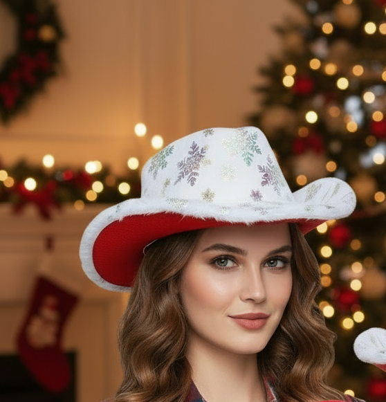 Fuzzy Metallic Snowflakes Cowboy Hat Western Winter Holiday Festive Cowgirl