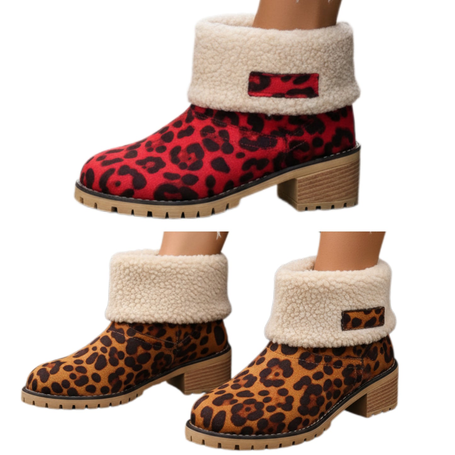 Fuzzy Sherpa Cuff Animal Leopard Ankle Boots Chunky Block Heel Slip-on Shoes