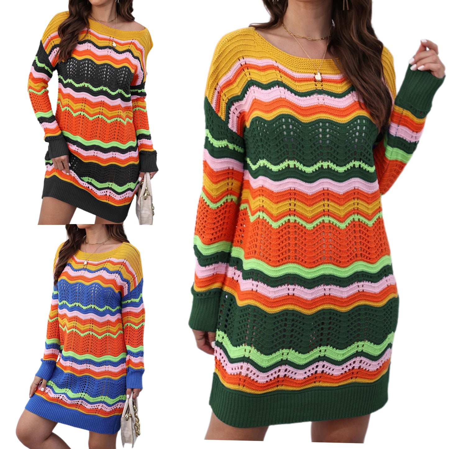 Retro 70s Revival Openwork Knit Long Sleeve Mini Sweater Dress Zigzag Stripe