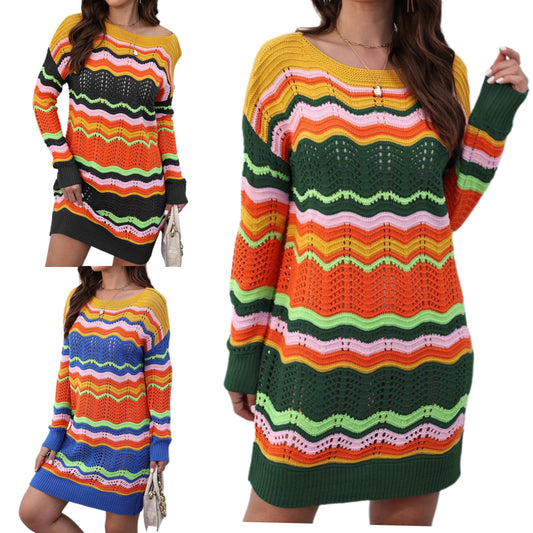 Retro 70s Revival Openwork Knit Long Sleeve Mini Sweater Dress Zigzag Stripe