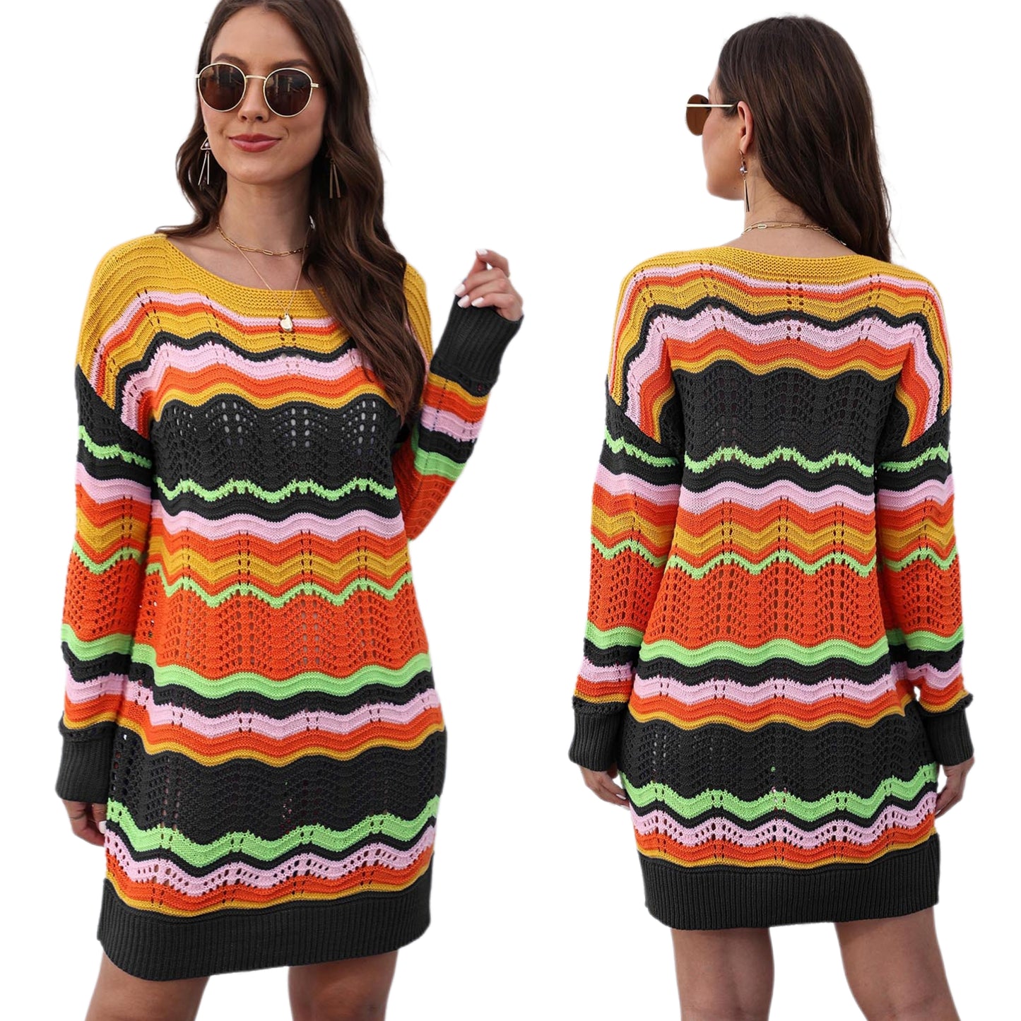 Retro 70s Revival Openwork Knit Long Sleeve Mini Sweater Dress Zigzag Stripe