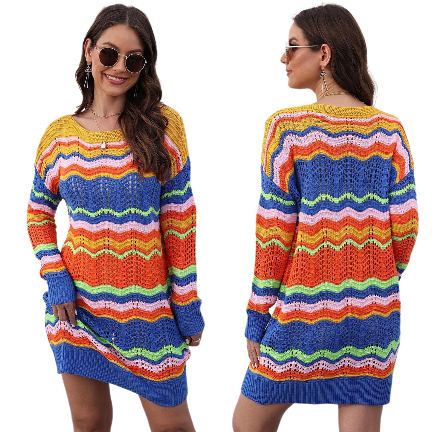 Retro 70s Revival Openwork Knit Long Sleeve Mini Sweater Dress Zigzag Stripe