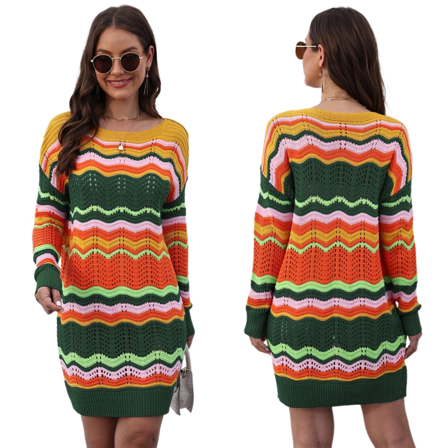 Retro 70s Revival Openwork Knit Long Sleeve Mini Sweater Dress Zigzag Stripe