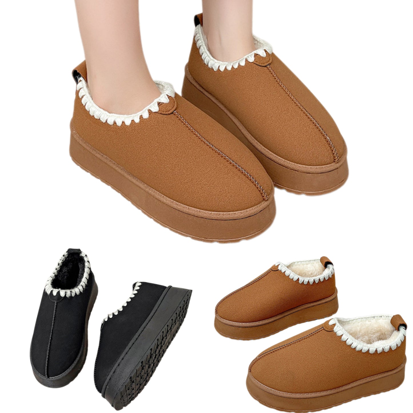 Embroidered Platform Fleece Faux Fur Winter Ankle Boots Slip On House Shoes