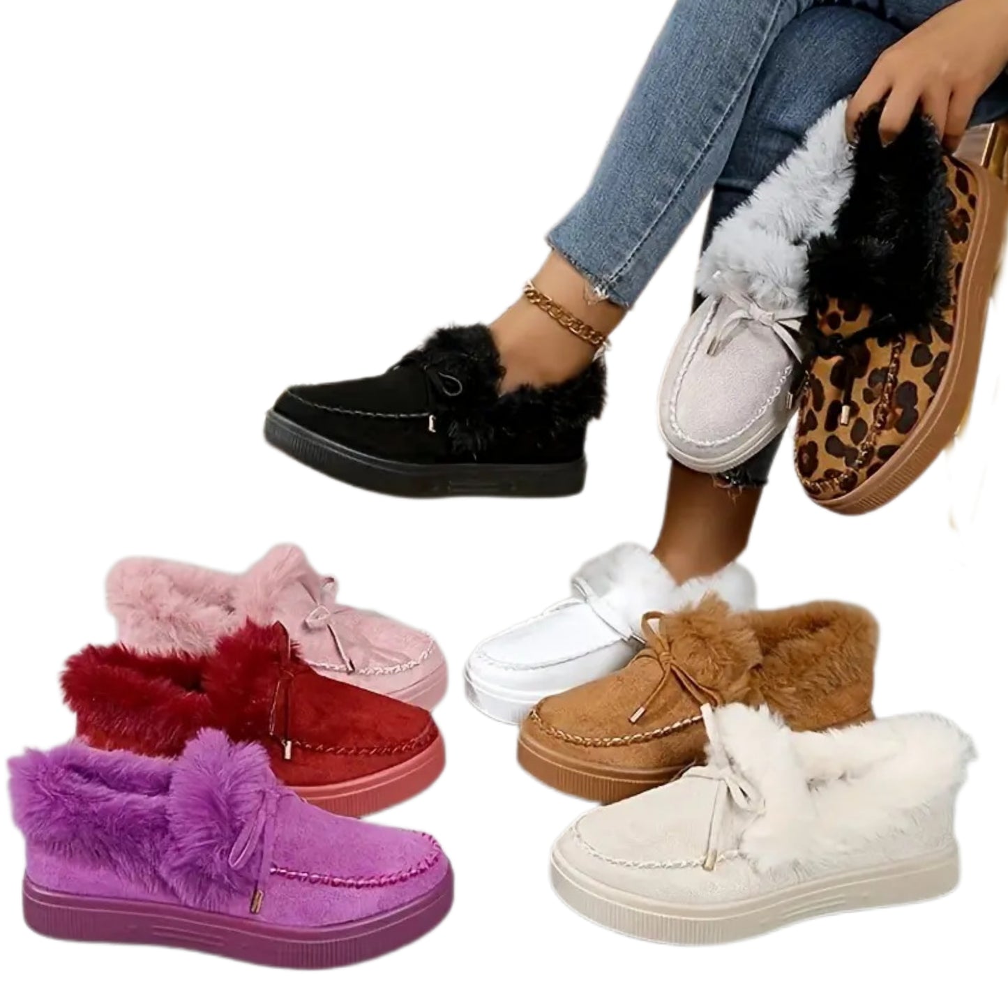 Bow Top Plush Faux Fur Loafers Slip-On Moccasin Soft Flat Outdoor House Shoes