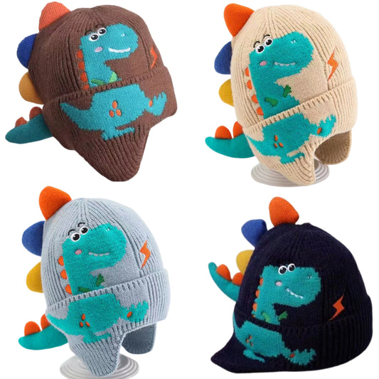 Dino Children’s 3D Embroidered Dinosaur Knitted Hat Kids Beanie Ear Cover Winter Hat