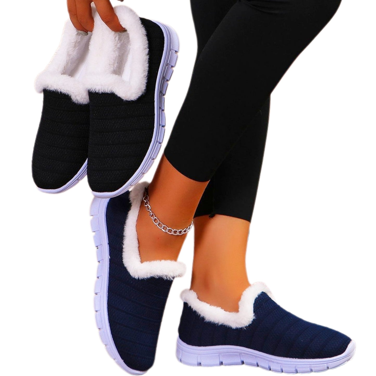 Breathable Mesh Fuzzy Faux Fur Trim House Shoes Slip-On Cozy Sneakers