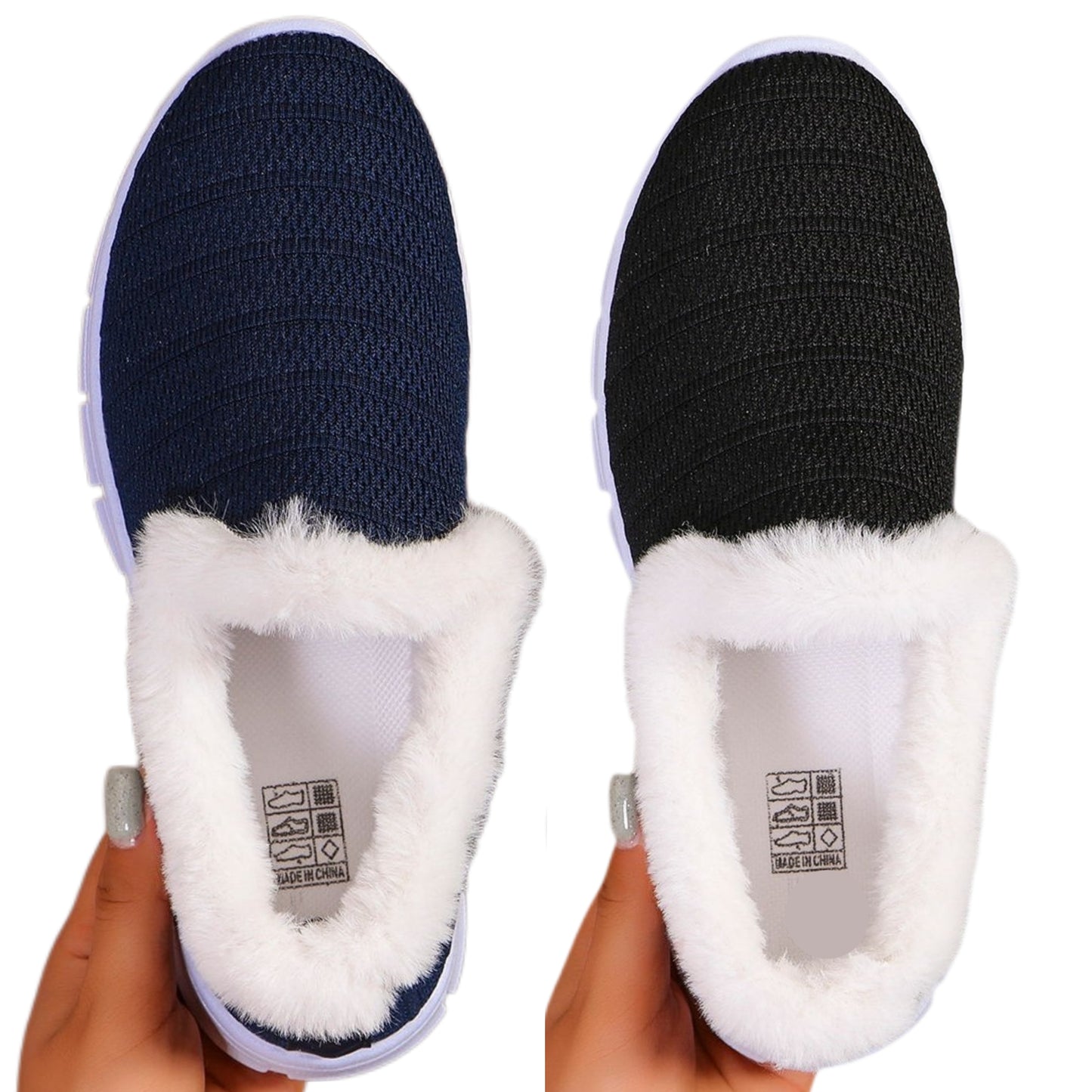 Breathable Mesh Fuzzy Faux Fur Trim House Shoes Slip-On Cozy Sneakers