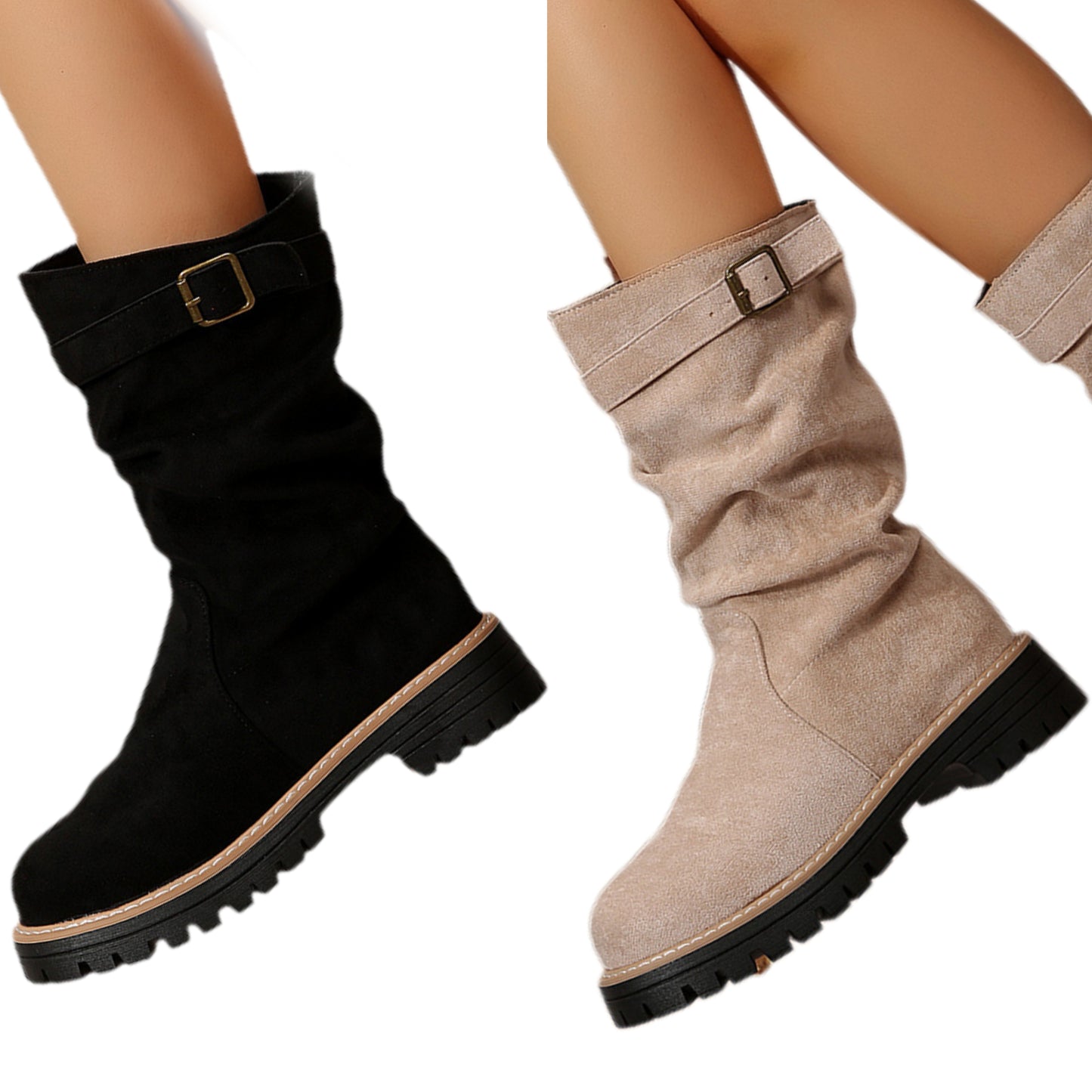 Buckle Wrap Slouch Boots Chunky Lug Block Heel Mid Calf Faux Suede Pull-on Shoes