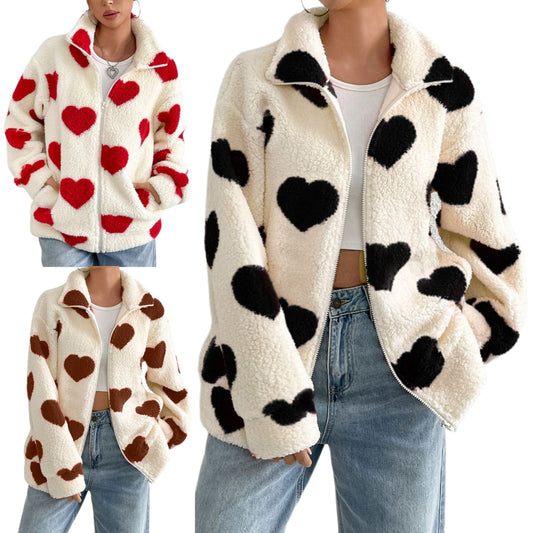 Plush Teddy Heart Print Zip Up Long Sleeve Collared Sweater Jacket Pockets