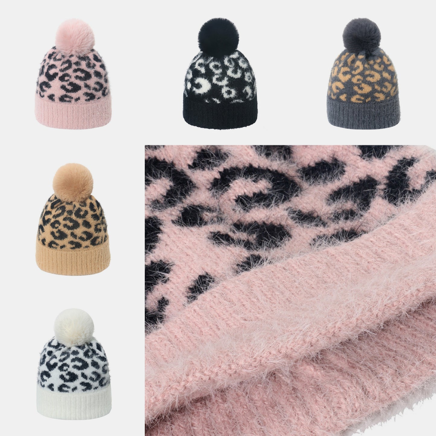Fuzzy Eyelash Knit Leopard Faux Rabbit Fur Pom-Pom Beanie Winter Skullcap Pull-on Hat Adult