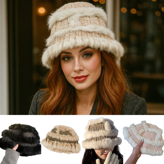 Fluffy Faux Fur Trim Soft Cable Knit Patchwork Plush Winter Boho Bucket Hat