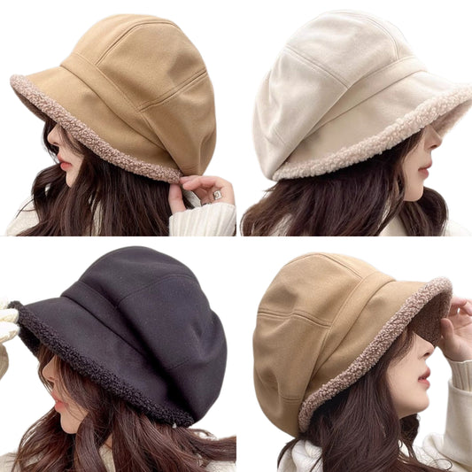 Plush Sherpa Trim Baker Boy Hat Smooth Faux Suede Newsboy Retro Slouchy Cap