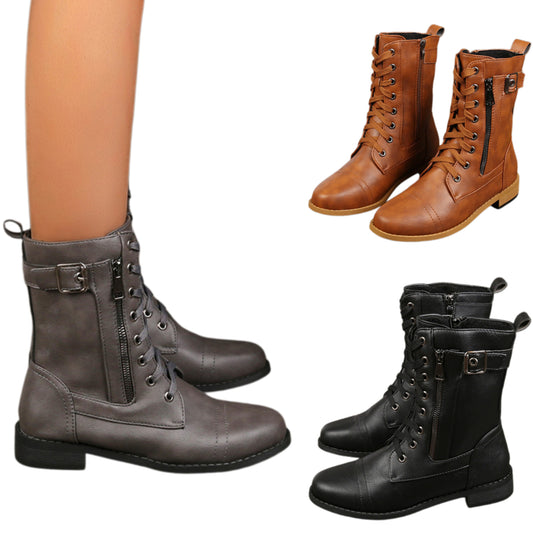 Lace-Up Buckle Military Combat Boots Buffed Faux Leather Zipper Shoes
