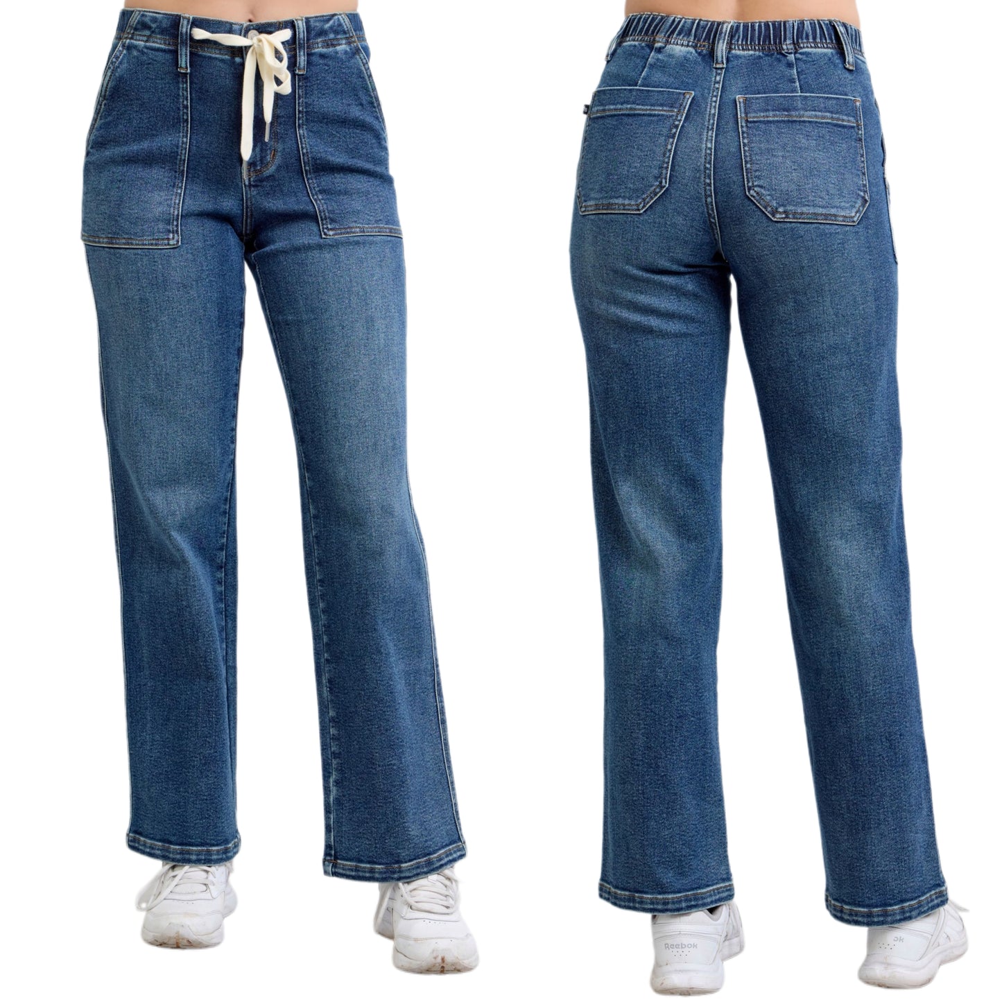 Judy Blue Drawstring Elastic High-rise Reto 70s Patch Pocket Straight Leg Jeans