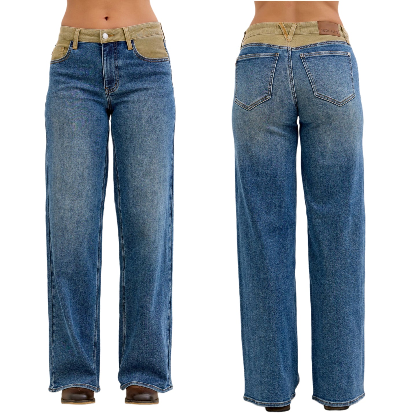Judy Blue Mid-Rise Column Straight Leg Jeans Corduroy Patchwork Denim Pants