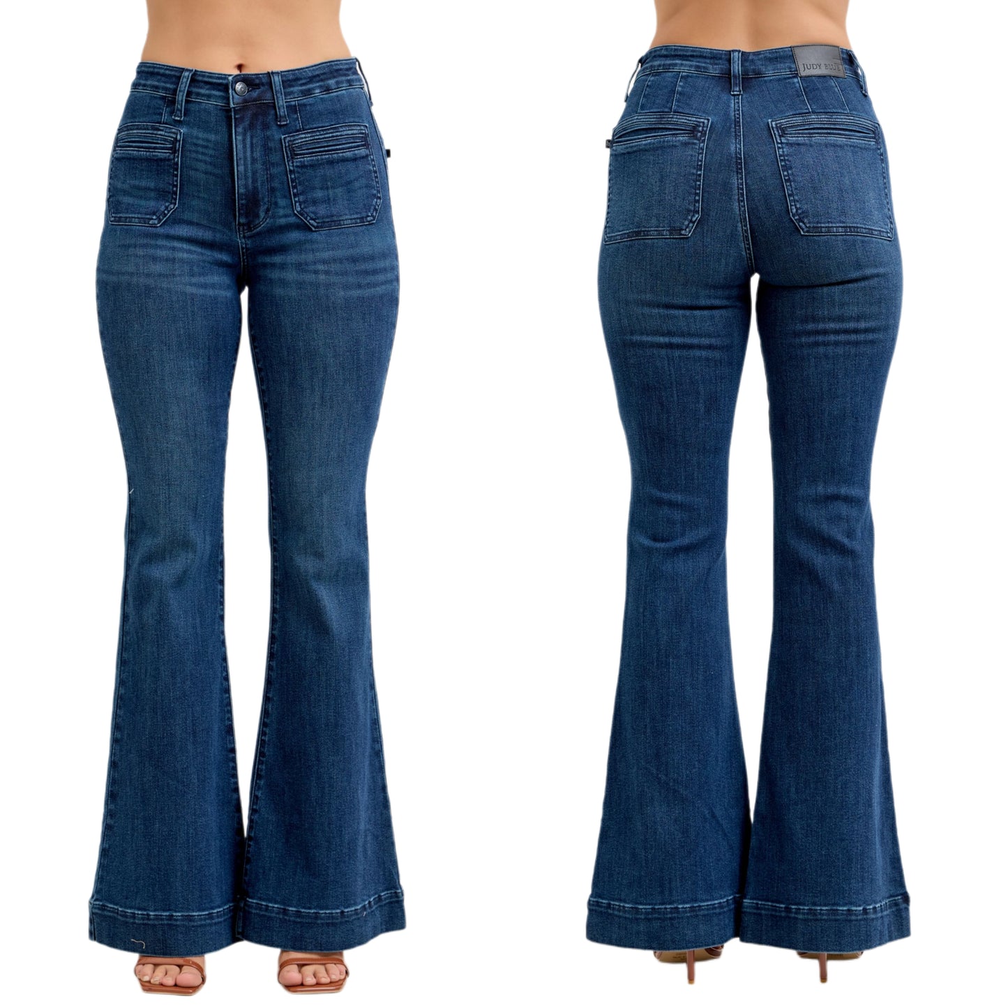 Judy Blue High-Waist Jeans Slim Fit Flare Leg Retro 70s Patch Pocket Denim Pants