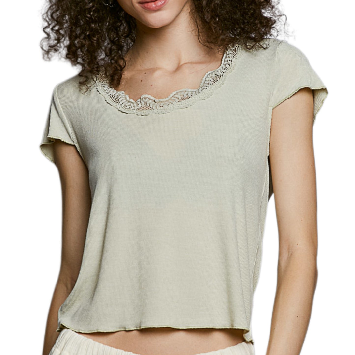 POL Lace Trim Round Neck Shirt Short Sleeve Ribbed Lightweight Boho Crop Top Tea Green
