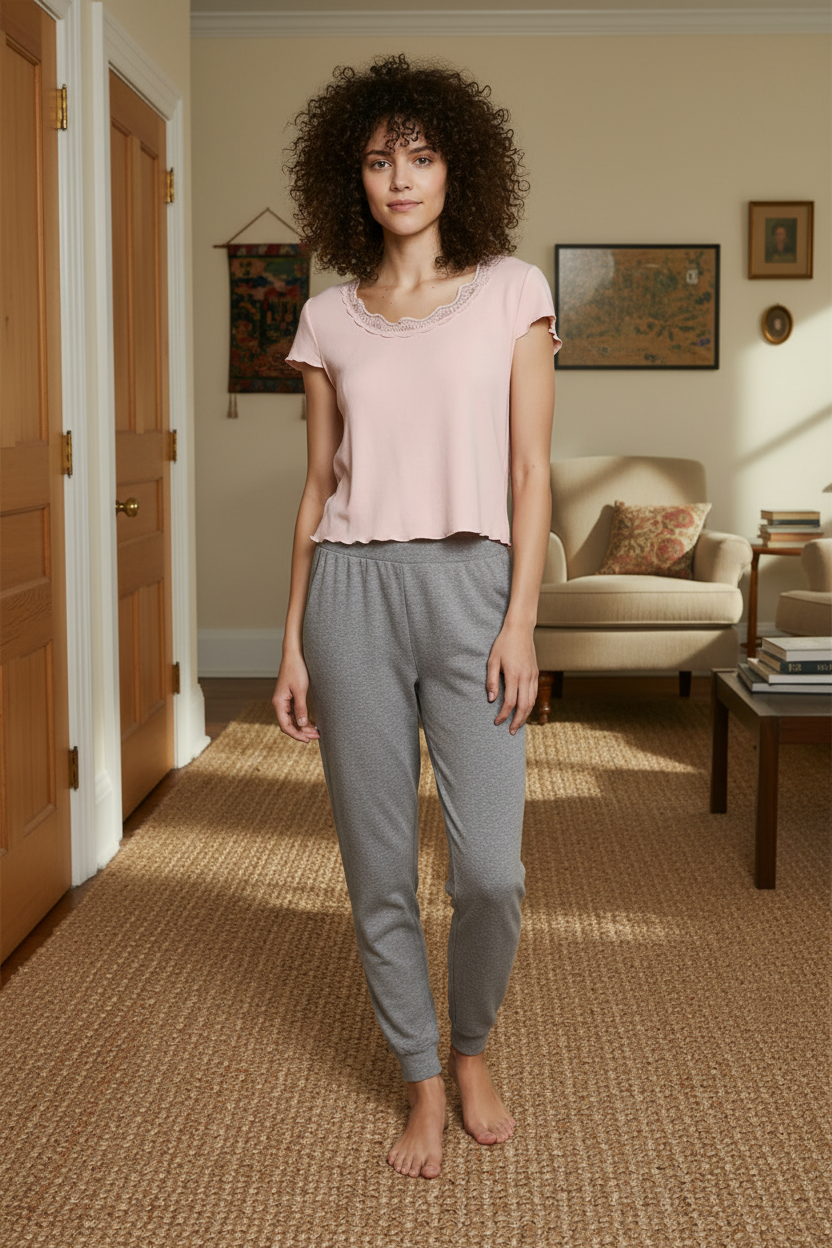 POL Lace Trim Round Neck Shirt Short Sleeve Ribbed Lightweight Crop Top Candy Pink