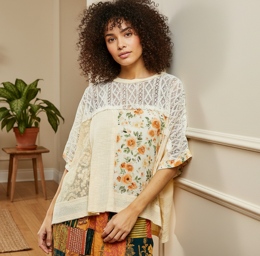 POL Floral Patchwork Lace Waffle Knit Top Oversized Blouse Exposed Seam Shirt Cream