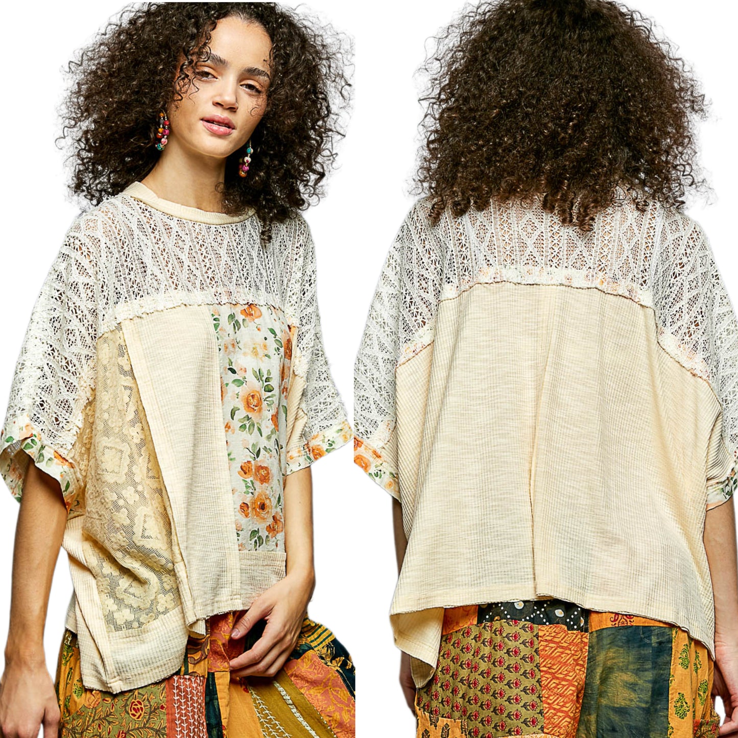 POL Floral Patchwork Lace Waffle Knit Top Oversized Blouse Exposed Seam Shirt Cream