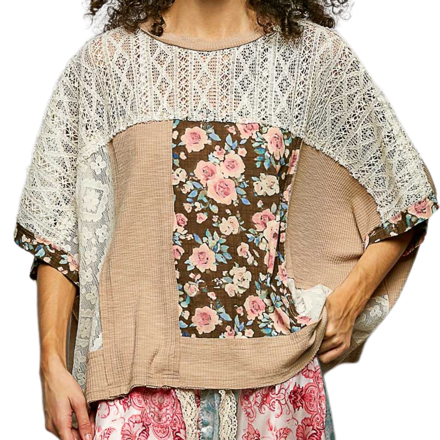 POL Floral Patchwork Lace Waffle Knit Top Oversized Blouse Exposed Seam Shirt Dried Taupe
