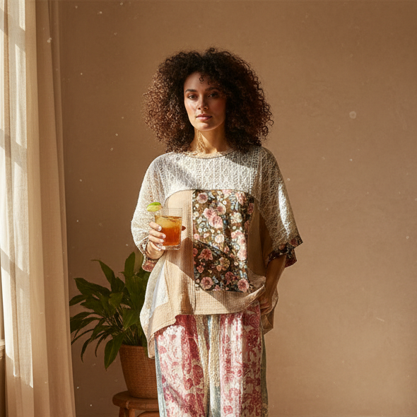 POL Floral Patchwork Lace Waffle Knit Top Oversized Blouse Exposed Seam Shirt Dried Taupe