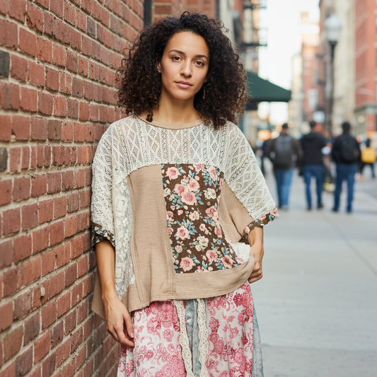 POL Floral Patchwork Lace Waffle Knit Top Oversized Blouse Exposed Seam Shirt Dried Taupe