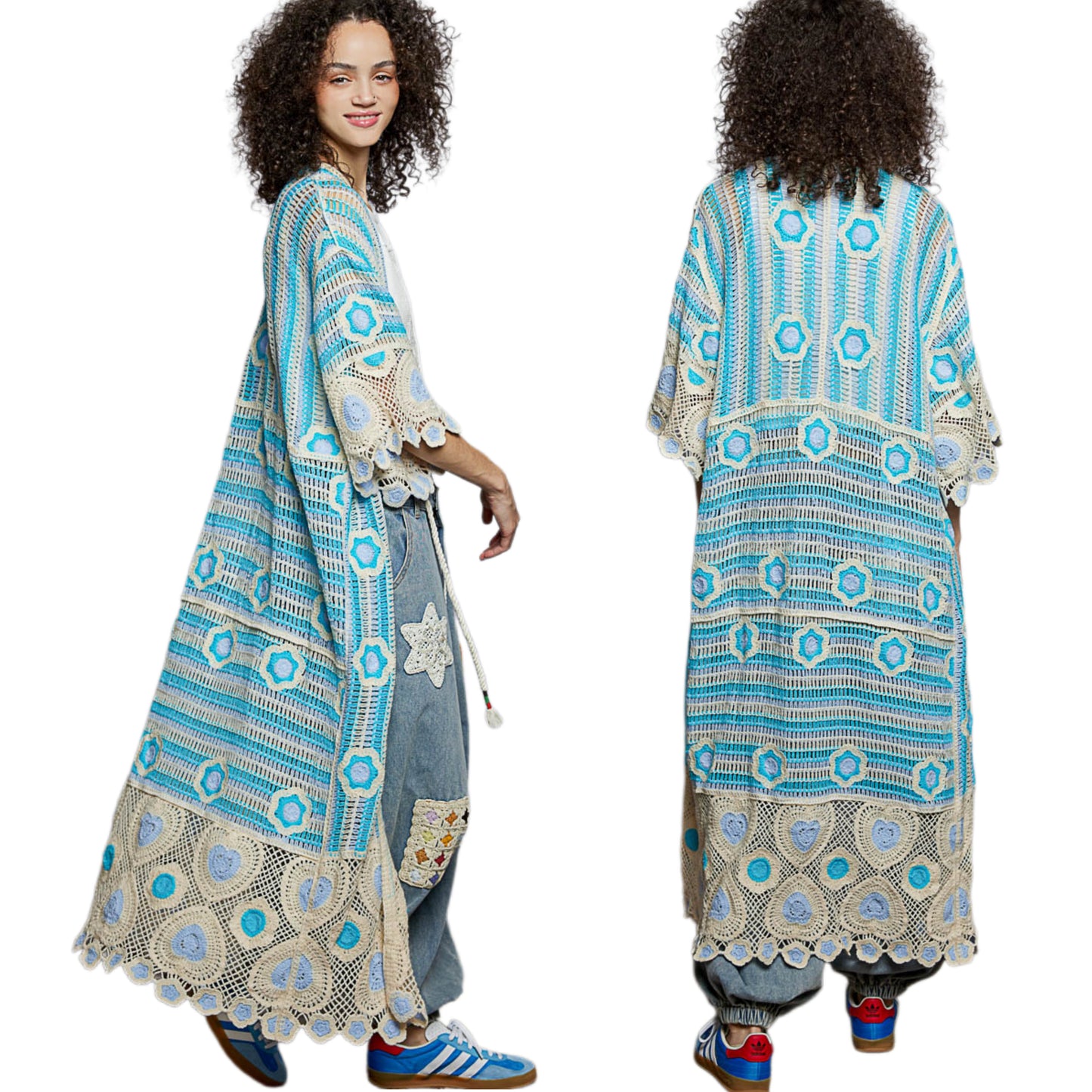 POL Patchwork Crochet Floral Openwork Knit Longline Cardigan 3/4 Sleeve Duster Blue
