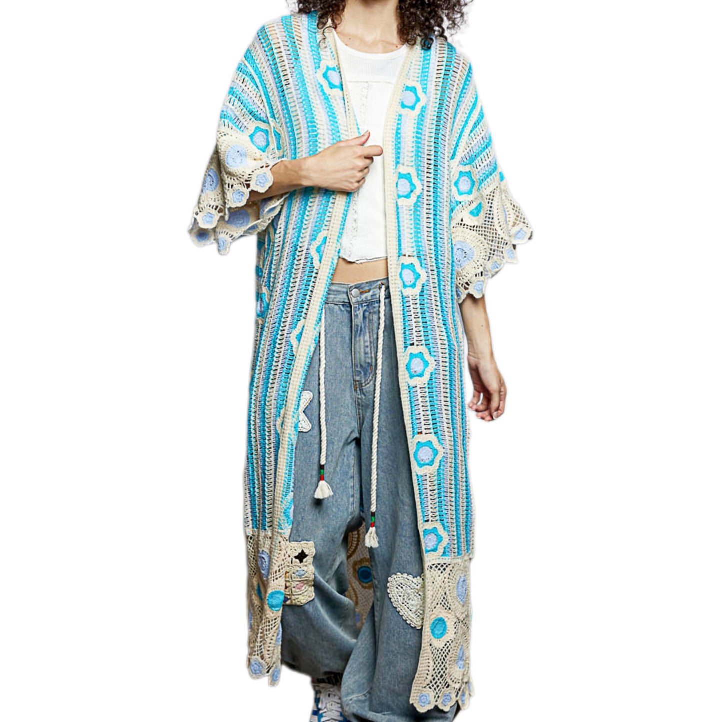 POL Patchwork Crochet Floral Openwork Knit Longline Cardigan 3/4 Sleeve Duster Blue