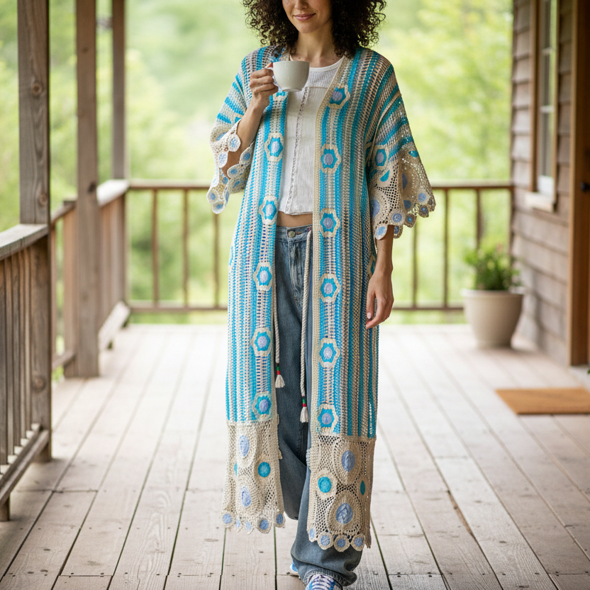 POL Patchwork Crochet Floral Openwork Knit Longline Cardigan 3/4 Sleeve Duster Blue