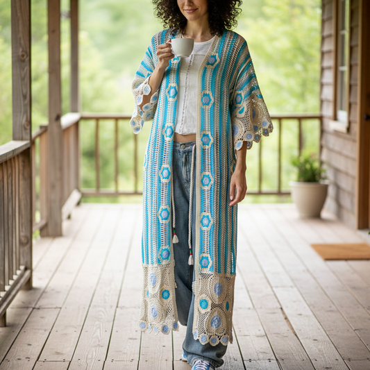 POL Patchwork Crochet Floral Openwork Knit Longline Cardigan 3/4 Sleeve Duster Blue