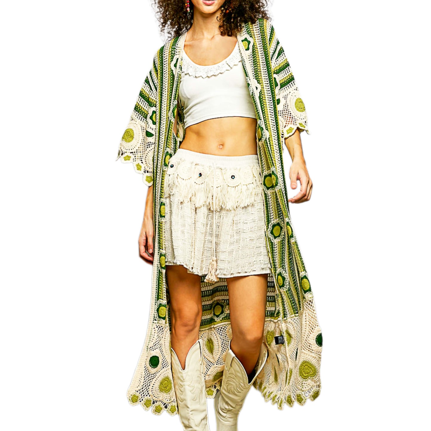 POL Patchwork Crochet Floral Openwork Knit Longline Cardigan 3/4 Sleeve Duster Green