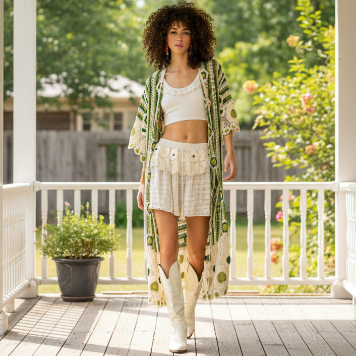 POL Patchwork Crochet Floral Openwork Knit Longline Cardigan 3/4 Sleeve Duster Green