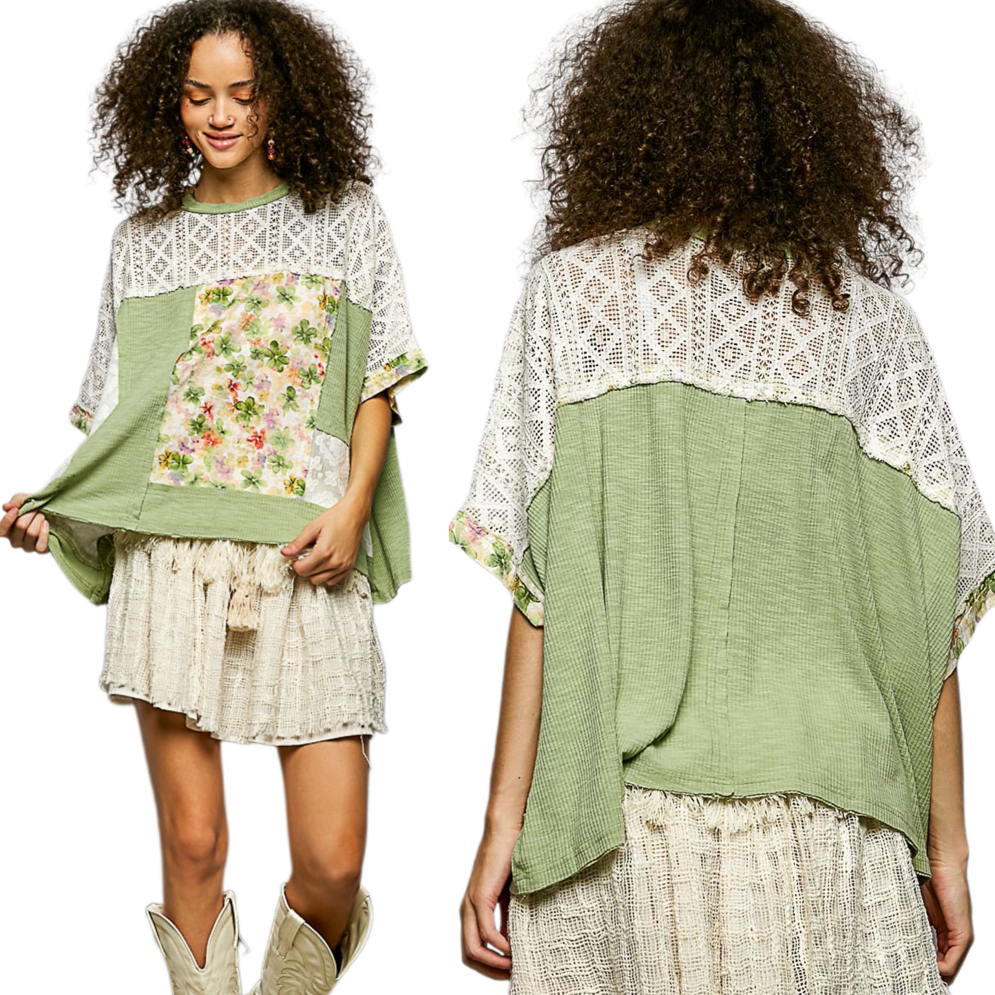 POL Floral Patchwork Lace Waffle Knit Top Oversized Blouse Exposed Seam Shirt Sage Green