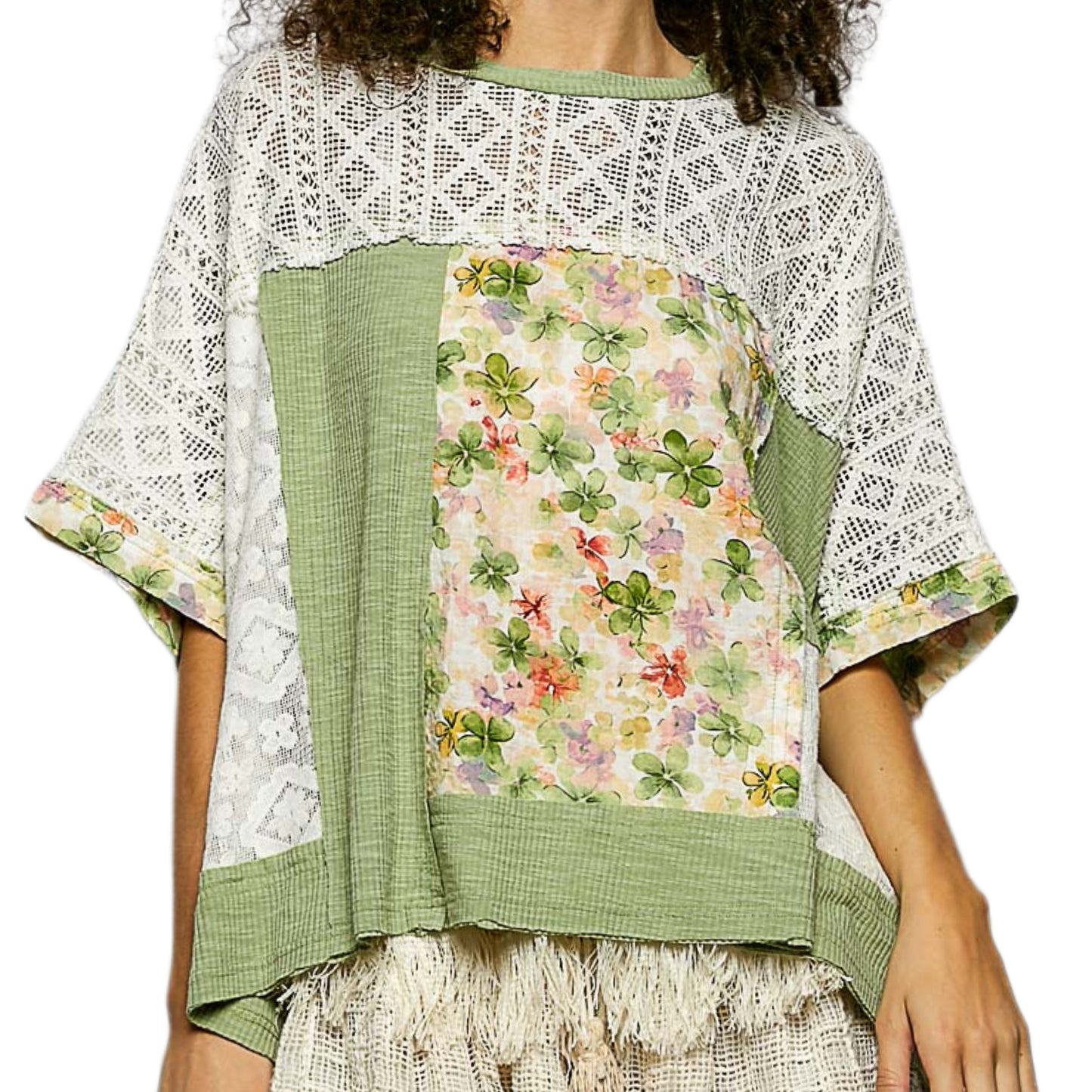 POL Floral Patchwork Lace Waffle Knit Top Oversized Blouse Exposed Seam Shirt Sage Green