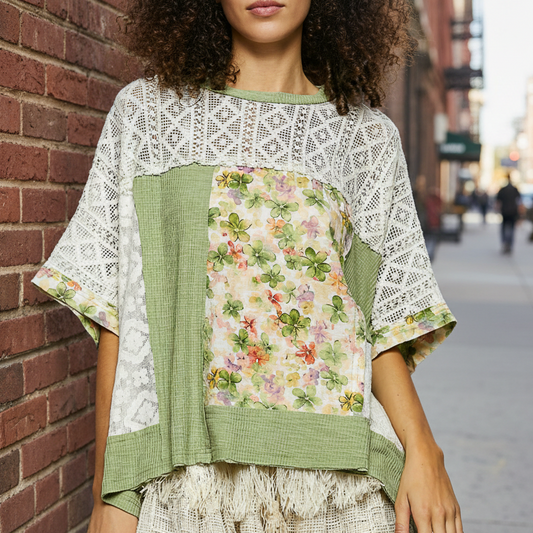 POL Floral Patchwork Lace Waffle Knit Top Oversized Blouse Exposed Seam Shirt Sage Green