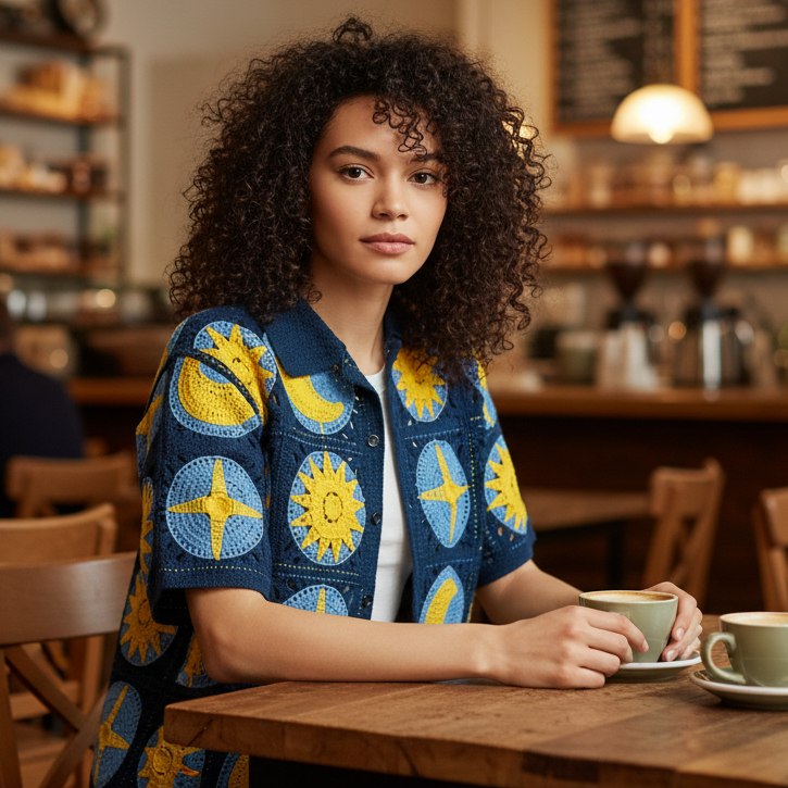 POL Celestial Crochet Patchwork Button-Up Shirt Sun Moon Granny Square Knit Top Navy