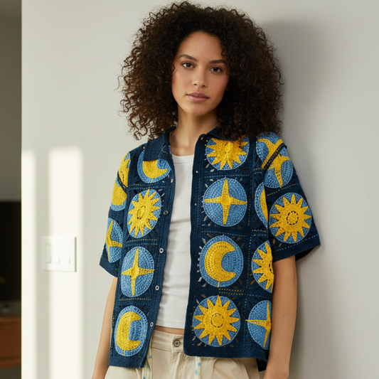 POL Celestial Crochet Patchwork Button-Up Shirt Sun Moon Granny Square Knit Top Navy