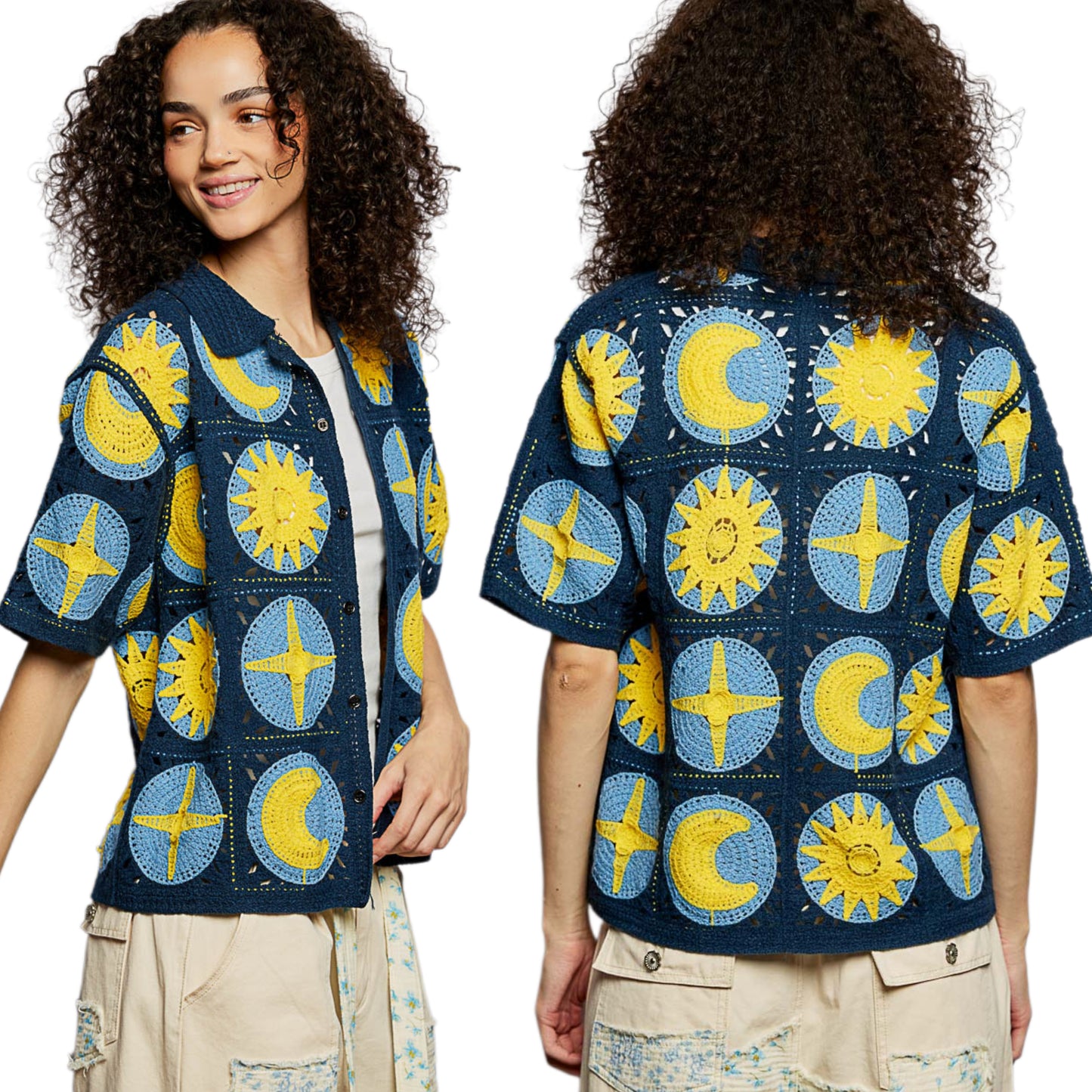 POL Celestial Crochet Patchwork Button-Up Shirt Sun Moon Granny Square Knit Top Navy