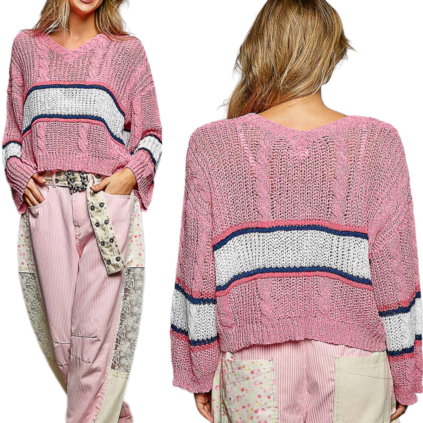 POL Oversized Boxy Cable Loose Kit Crop Top Striped Lightweight V-neck Pullover Shirt Pink