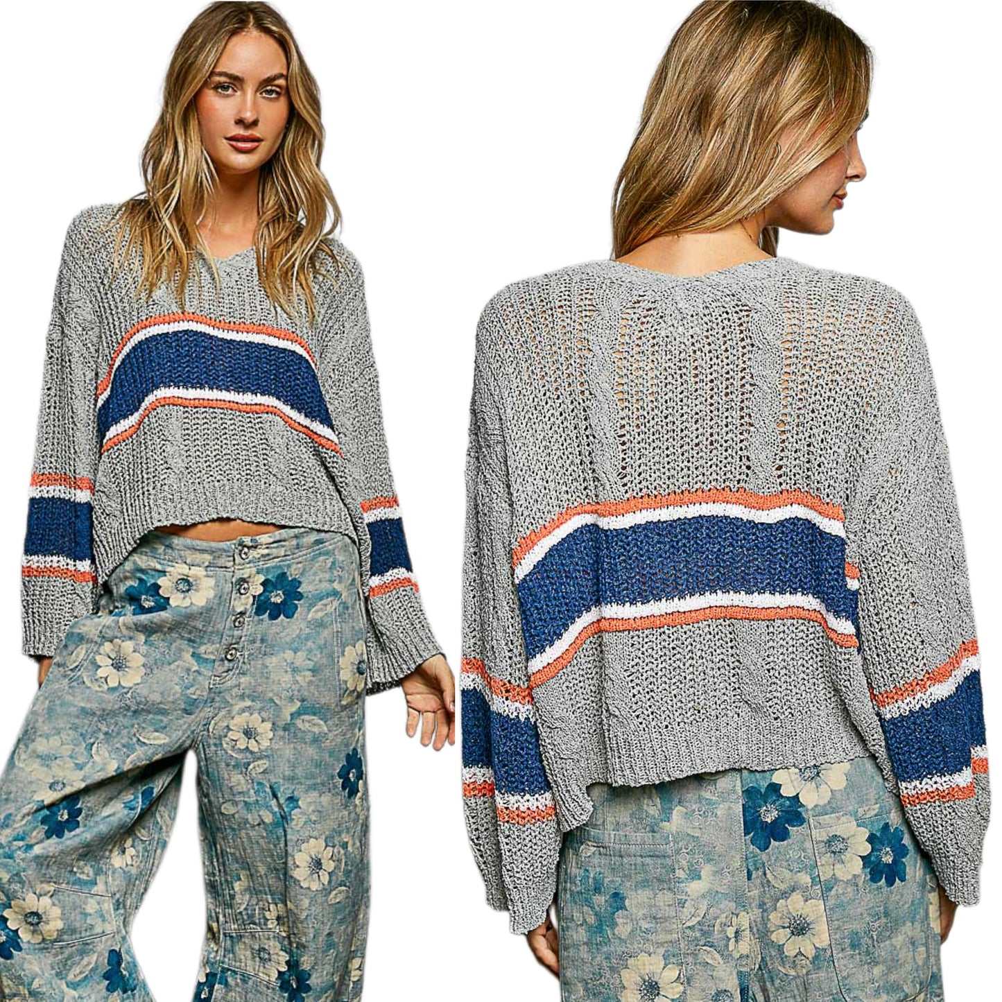 POL Oversized Boxy Cable Loose Kit Crop Top Striped Lightweight V-neck Pullover Shirt Gray