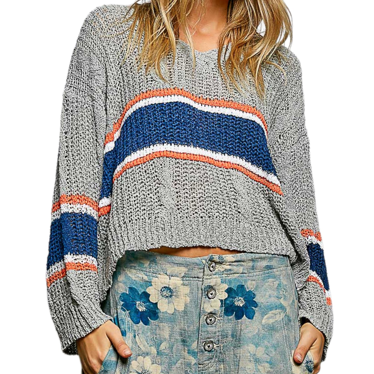 POL Oversized Boxy Cable Loose Kit Crop Top Striped Lightweight V-neck Pullover Shirt Gray